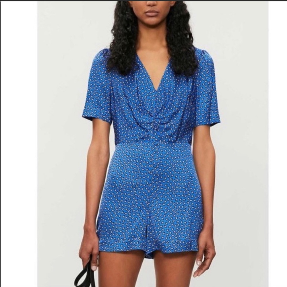 Maje Blue Ilona Leopard Print Satin Playsuit Size 38